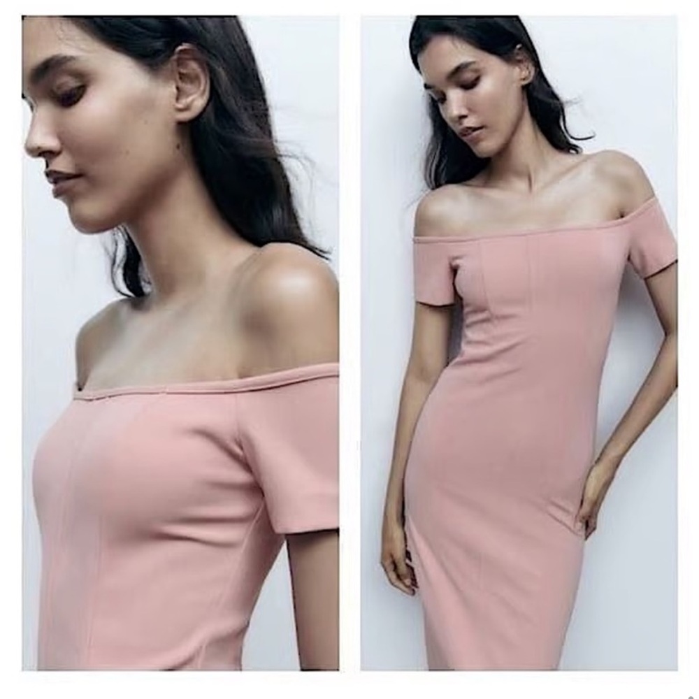๐(NWT) ZARA Bloggers Fav Blush Pink Off-The-Shoulder Sheath Midi/Maxi Dress. LG - Picture 10 of 15